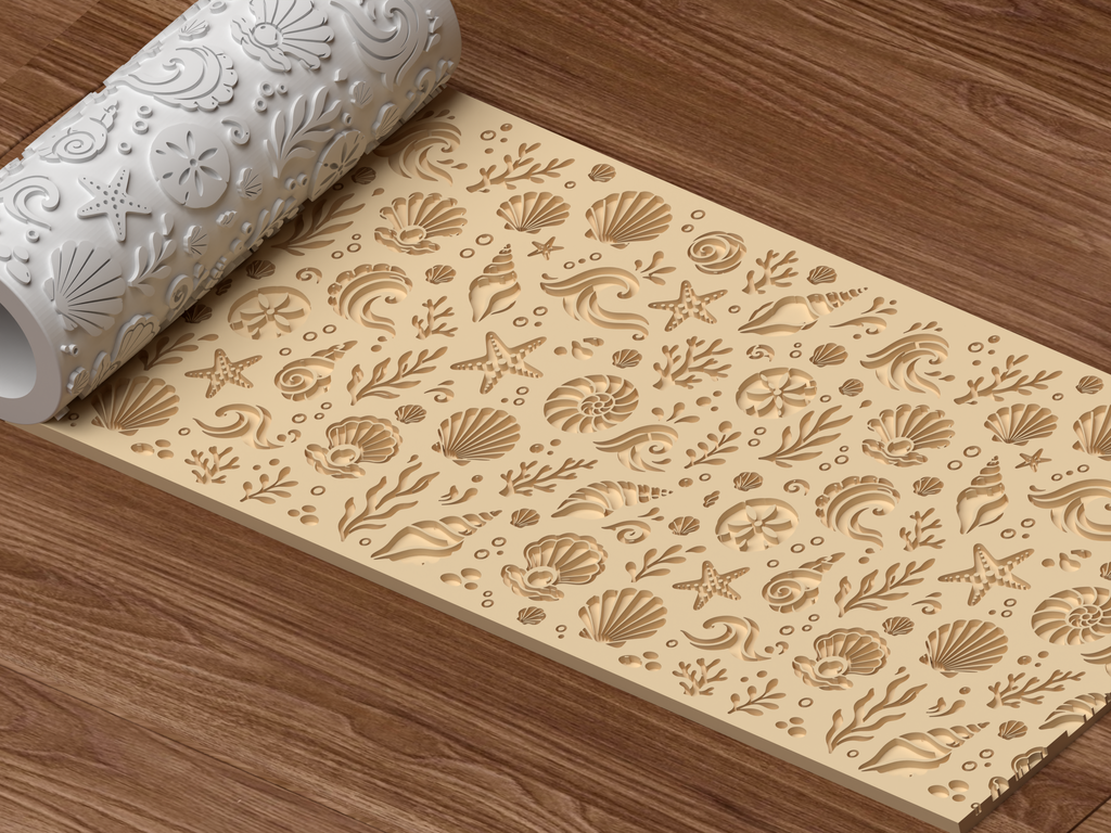 Ocean Shell & Wave Textured Roller STL File - 04 perspective beauty shot deboss