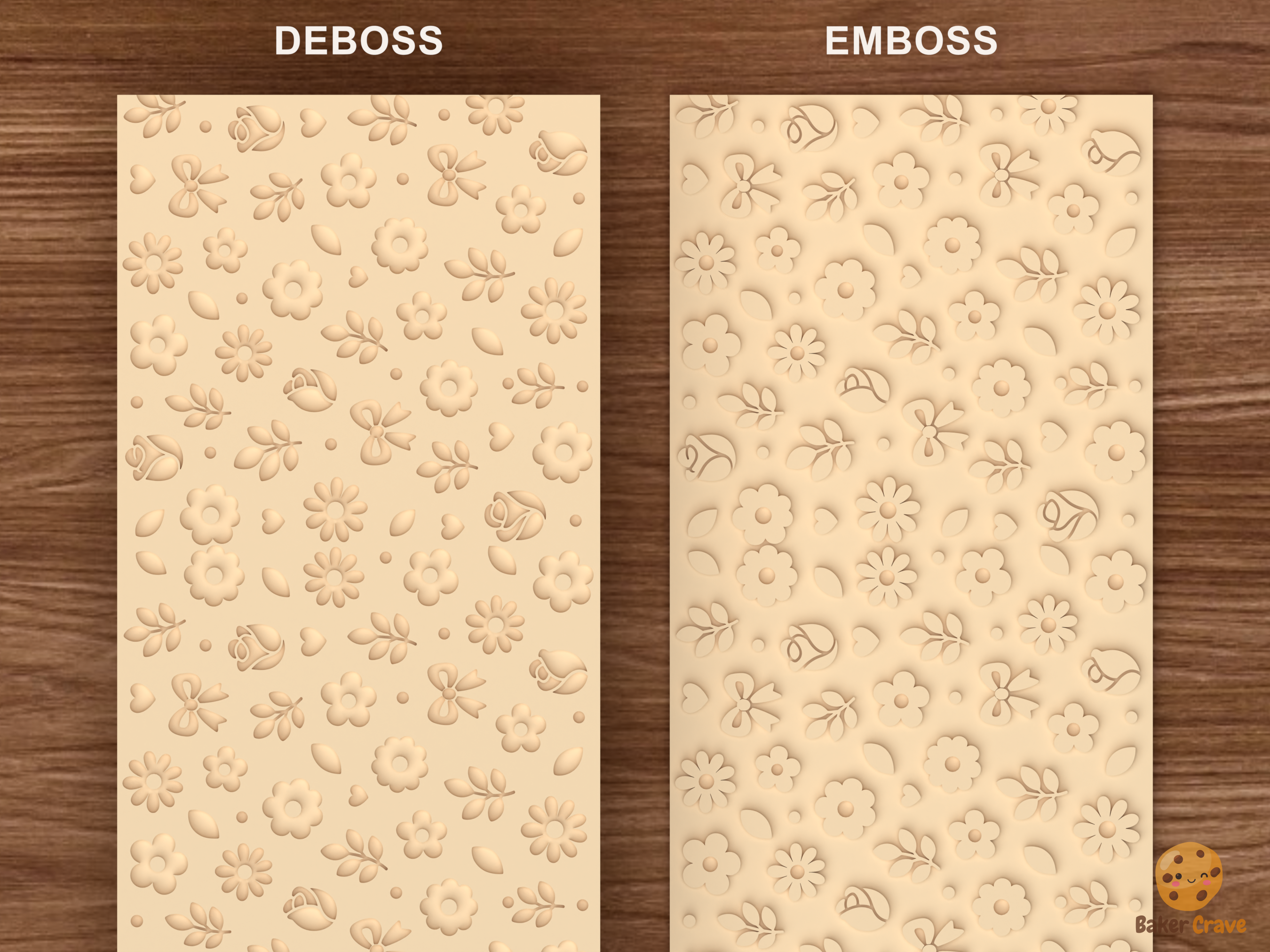 Whimsical Floral Garden Textured Roller STL File - 05 emboss deboss comparison