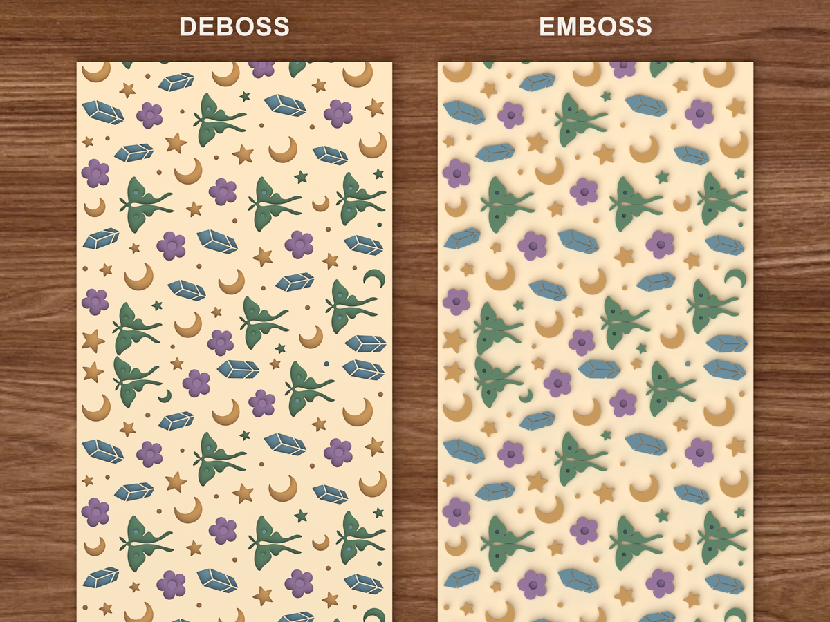Celestial Luna Moth Textured Roller STL File - 06 emboss deboss comparison colored