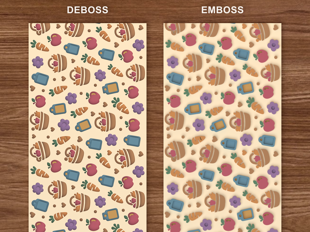 Farmers Market Harvest Textured Roller STL File - 06 emboss deboss comparison colored