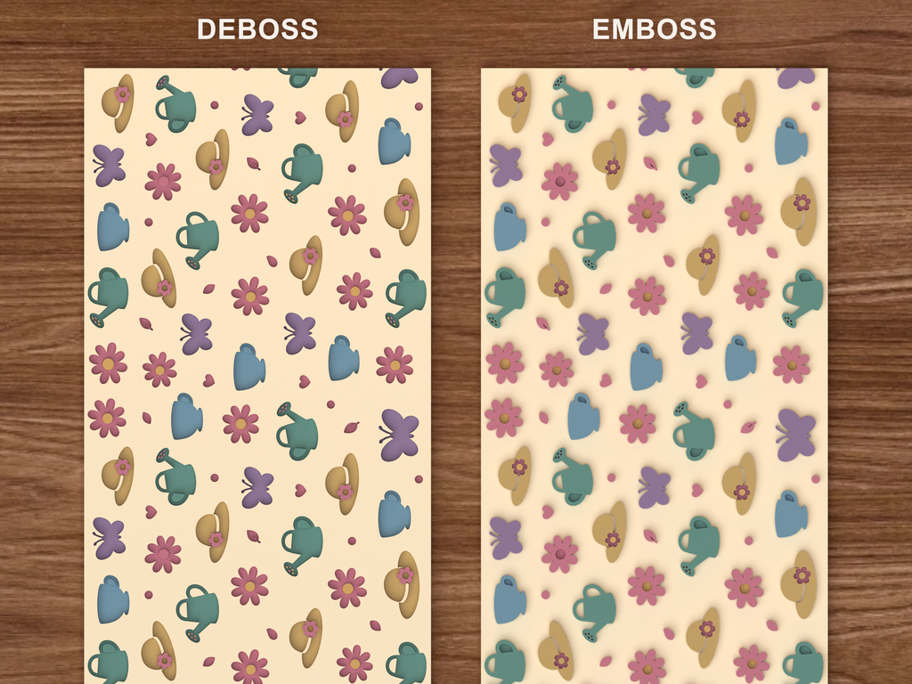 Spring Garden Tea Party Textured Roller STL File - 06 emboss deboss comparison colored