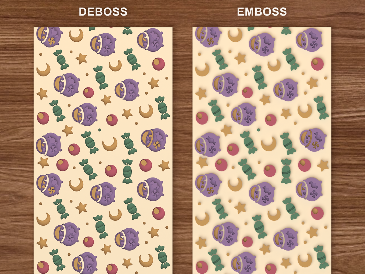 Candy Cauldron Textured Roller STL File - 06 emboss deboss comparison colored