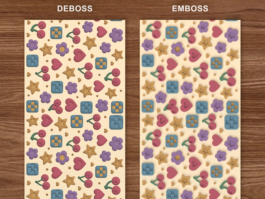 Retro Kawaii Icons Textured Roller STL File - 06 emboss deboss comparison colored