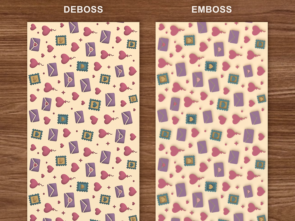 Valentine Love Letters Textured Roller STL File - 06 emboss deboss comparison colored
