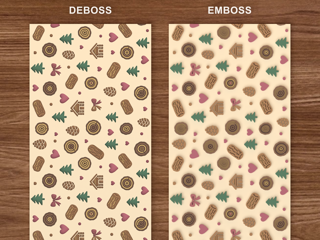 Rustic Woodland Cabin Textured Roller STL File - 06 emboss deboss comparison colored