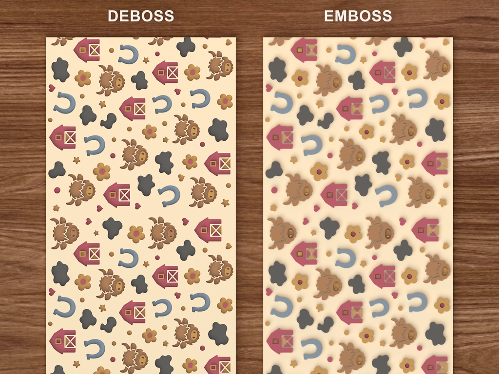 Highland Cow Farm Textured Roller STL File - 06 emboss deboss comparison colored