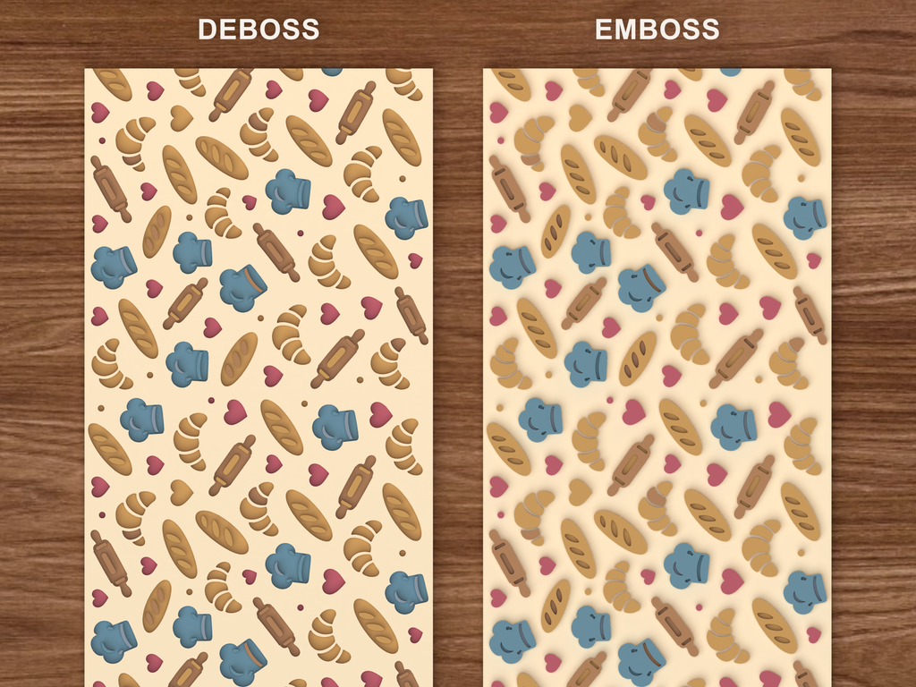 Bakery Pastry Textured Roller STL File - 06 emboss deboss comparison colored