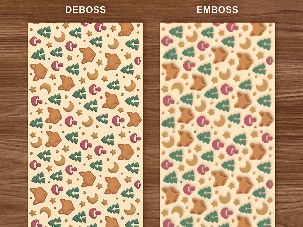 Fox Woodland Textured Roller STL File - 06 emboss deboss comparison colored