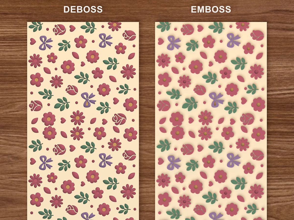 Whimsical Floral Garden Textured Roller STL File - 06 emboss deboss comparison colored