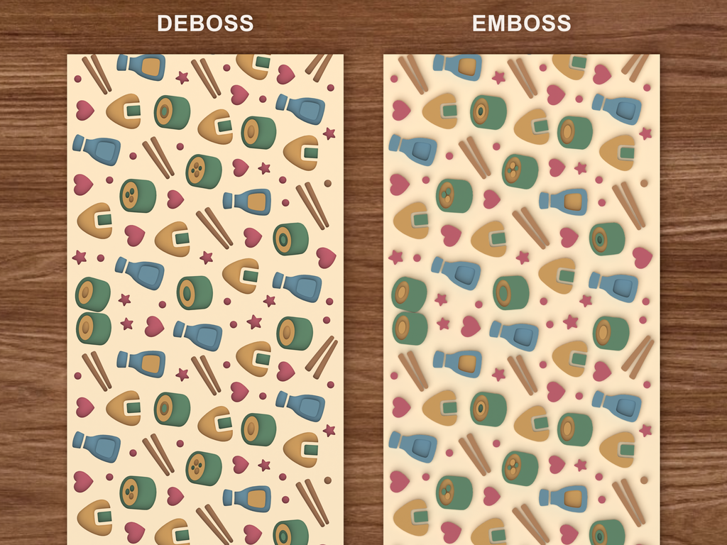 Kawaii Sushi Textured Roller STL File - 06 emboss deboss comparison colored