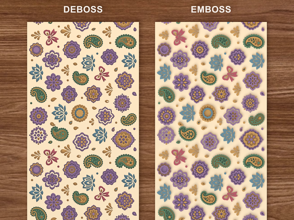 Boho Paisley Floral Textured Roller STL File - 06 emboss deboss comparison colored