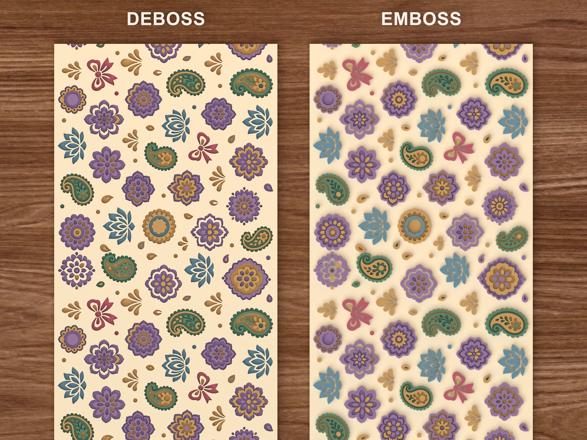 Boho Paisley Floral Textured Roller STL File - 06 emboss deboss comparison colored