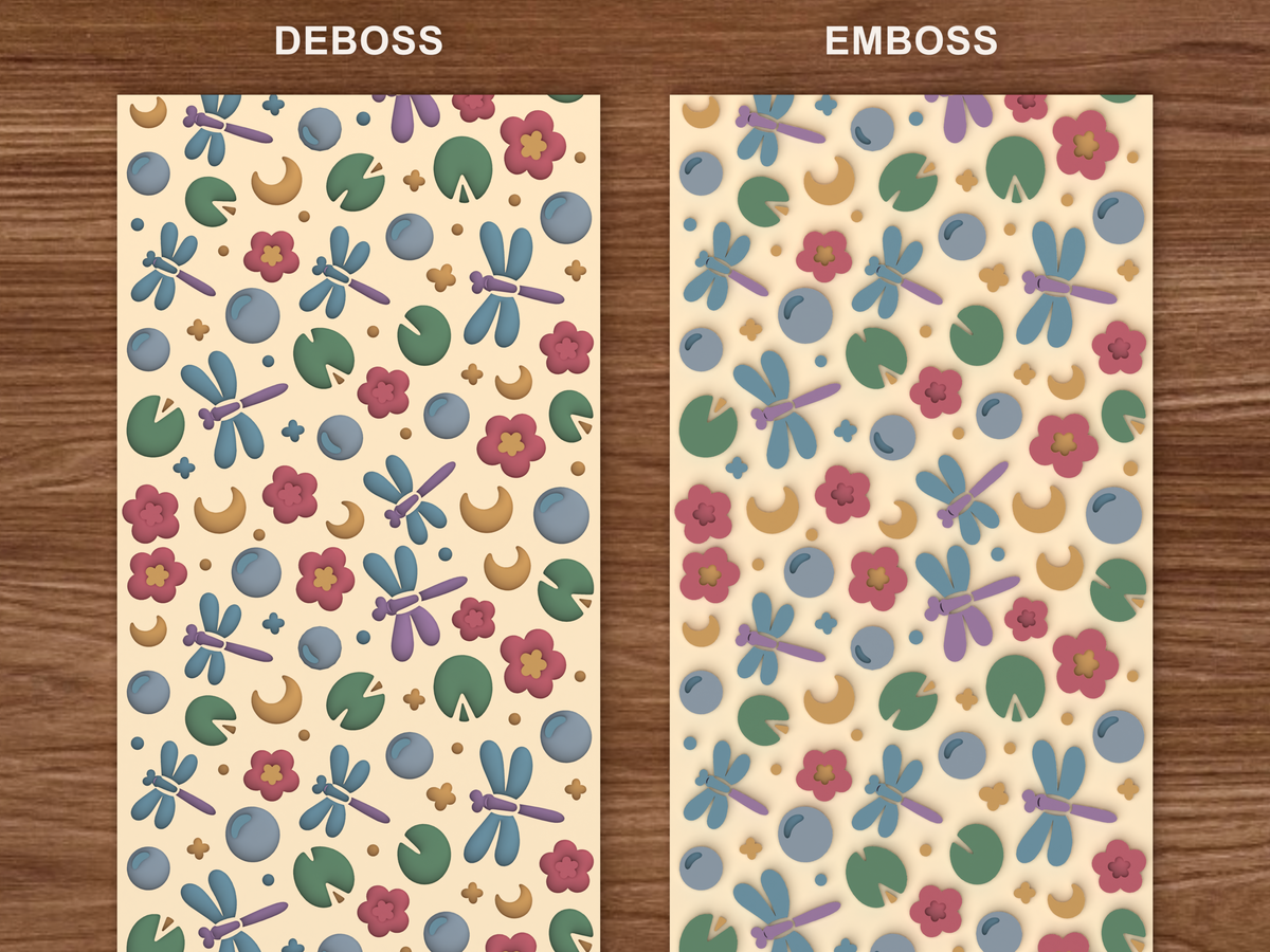 Dragonfly Pond Textured Roller STL File - 06 emboss deboss comparison colored
