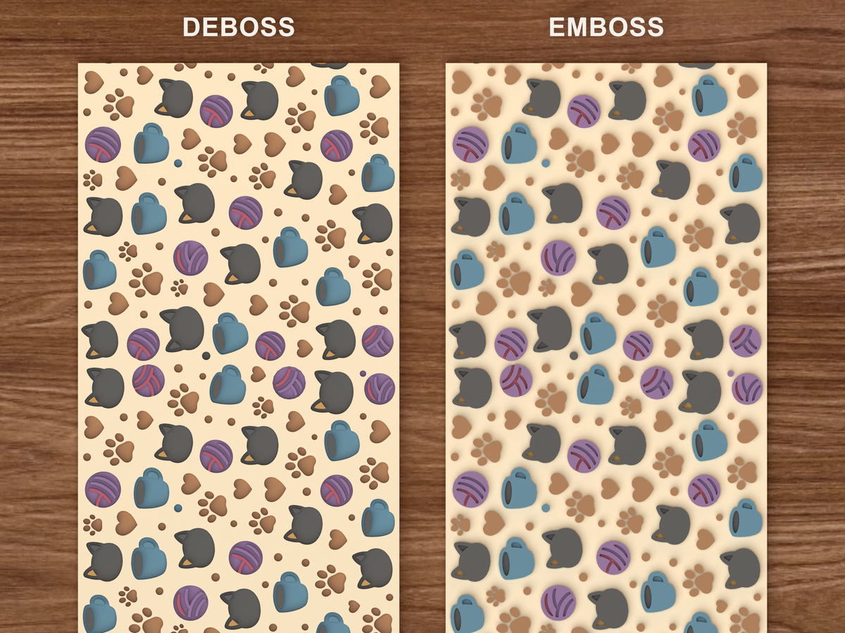 Cat Cafe Textured Roller STL File - 06 emboss deboss comparison colored