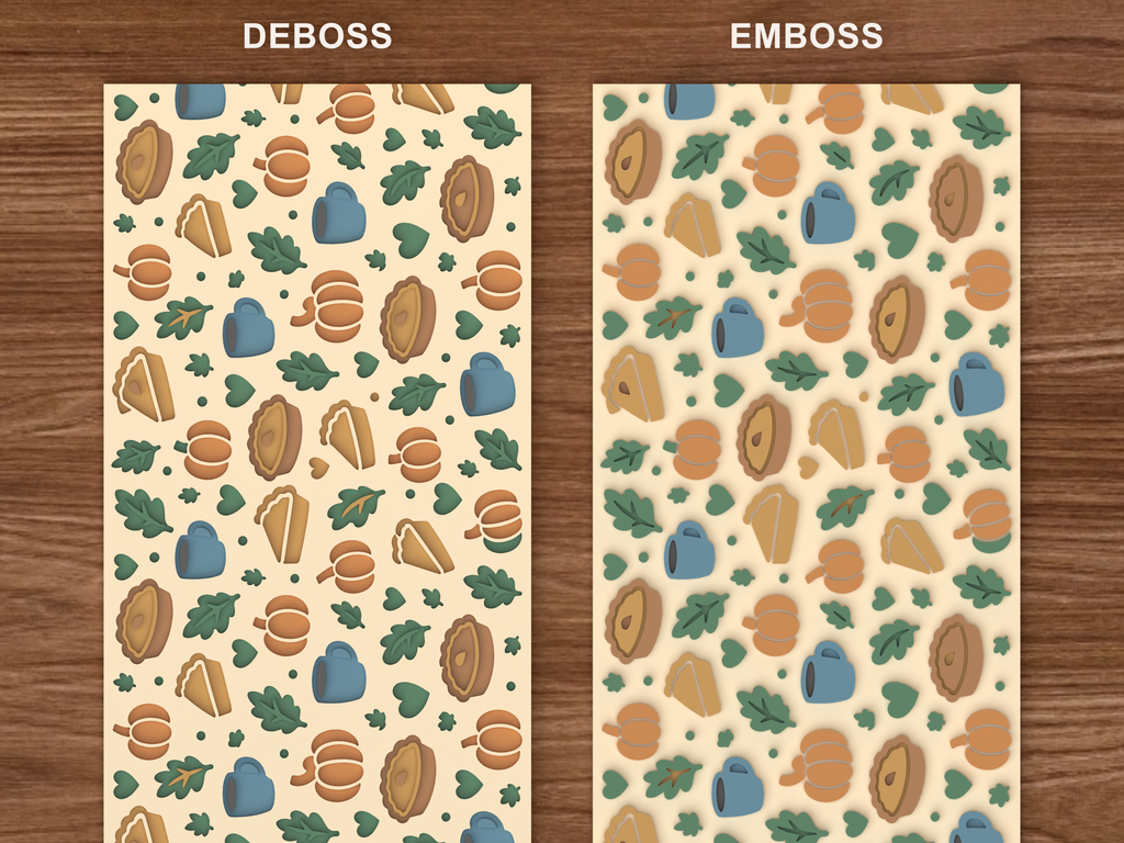 Autumn Pie and Pumpkin Textured Roller STL File - 06 emboss deboss comparison colored