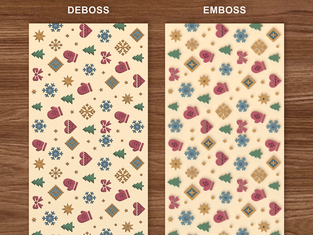 Nordic Winter Holiday Textured Roller STL File - 06 emboss deboss comparison colored