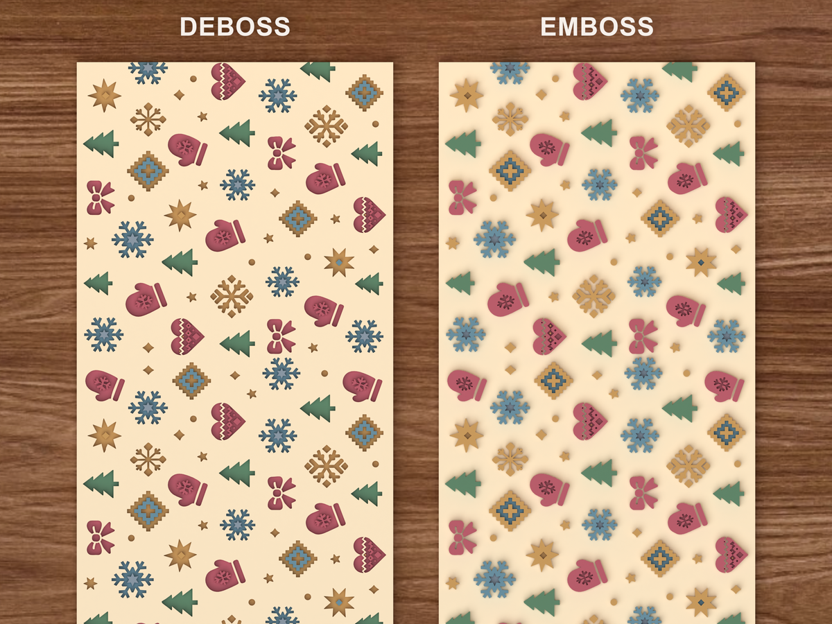 Nordic Winter Holiday Textured Roller STL File - 06 emboss deboss comparison colored