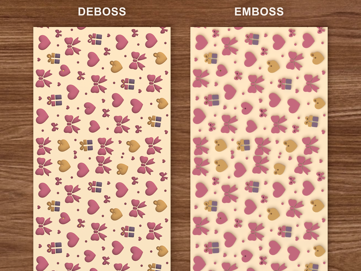 Valentine Hearts Bows Gifts Textured Roller STL File - 06 emboss deboss comparison colored
