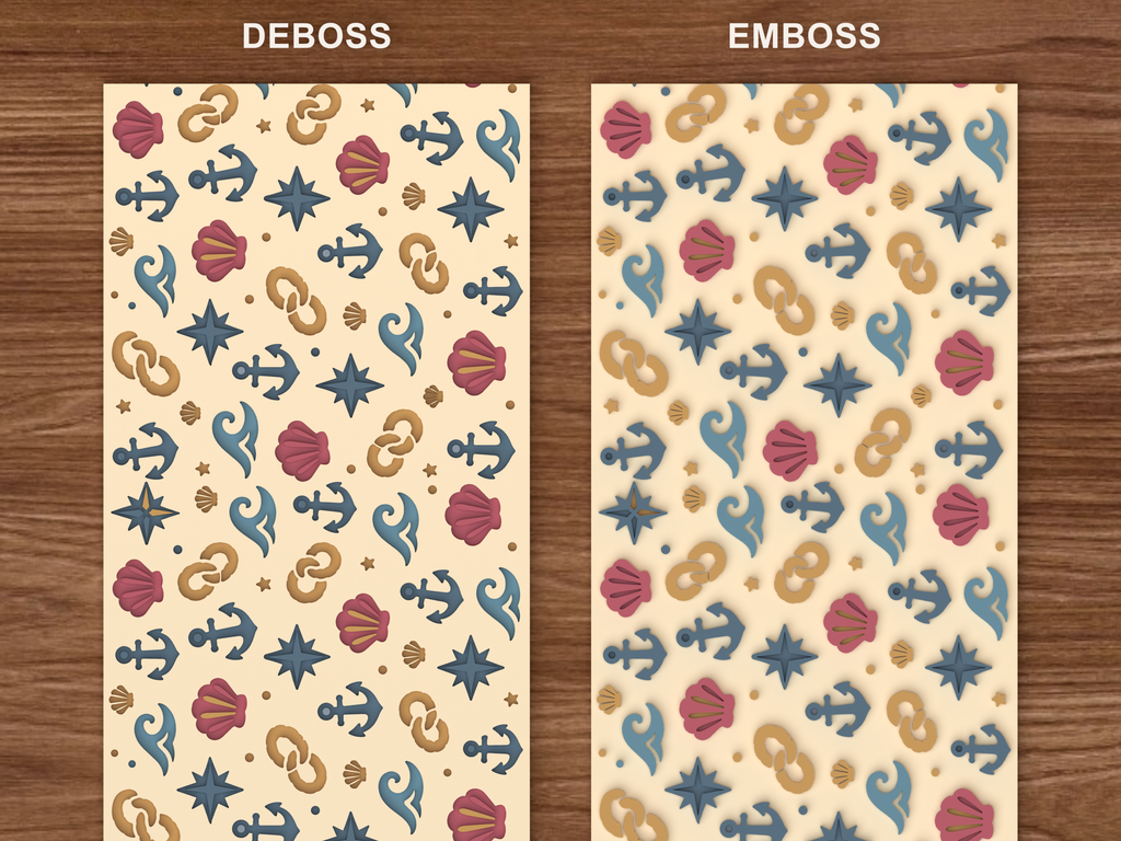 Nautical Ocean Textured Roller STL File - 06 emboss deboss comparison colored