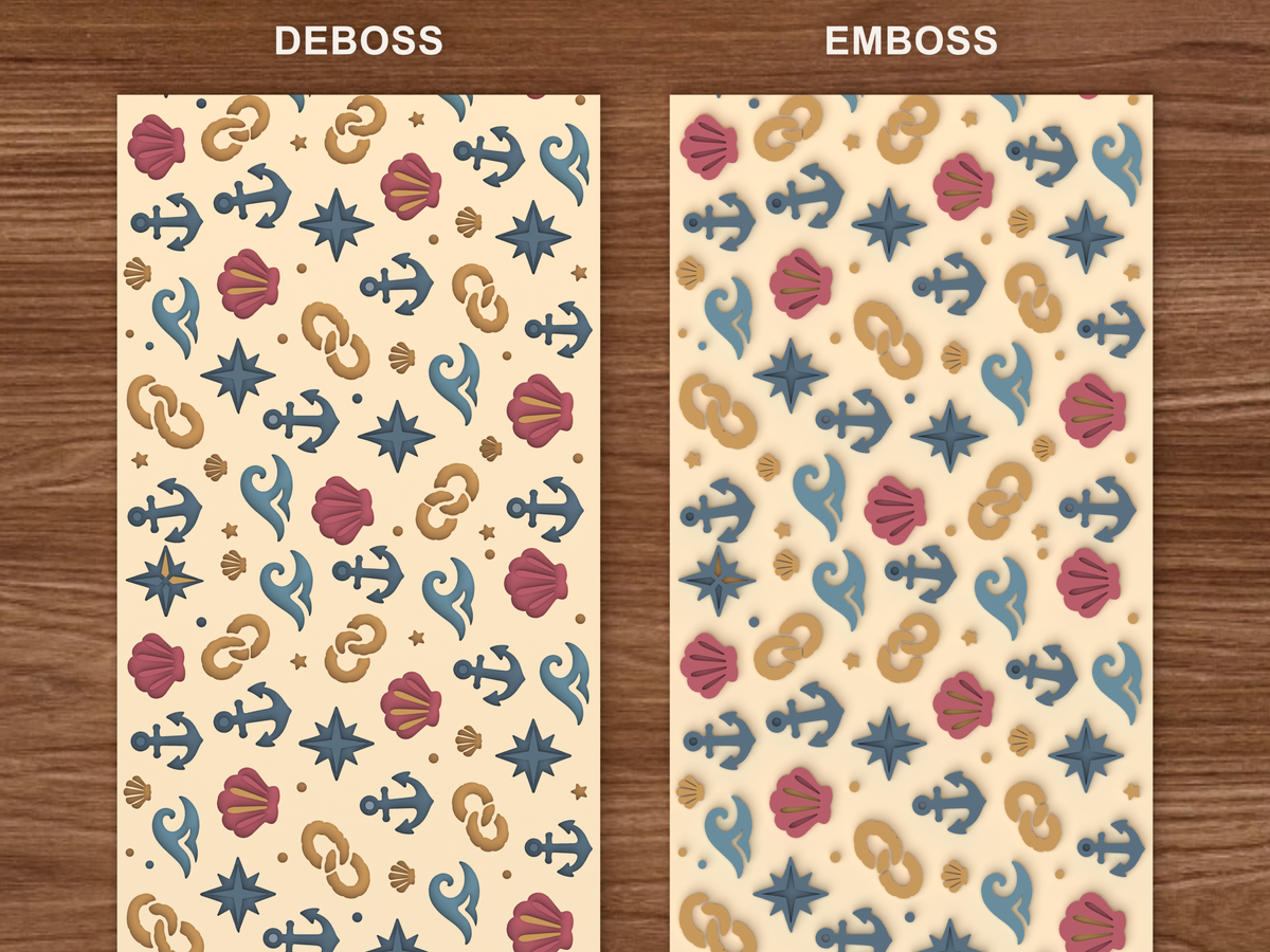 Nautical Ocean Textured Roller STL File - 06 emboss deboss comparison colored