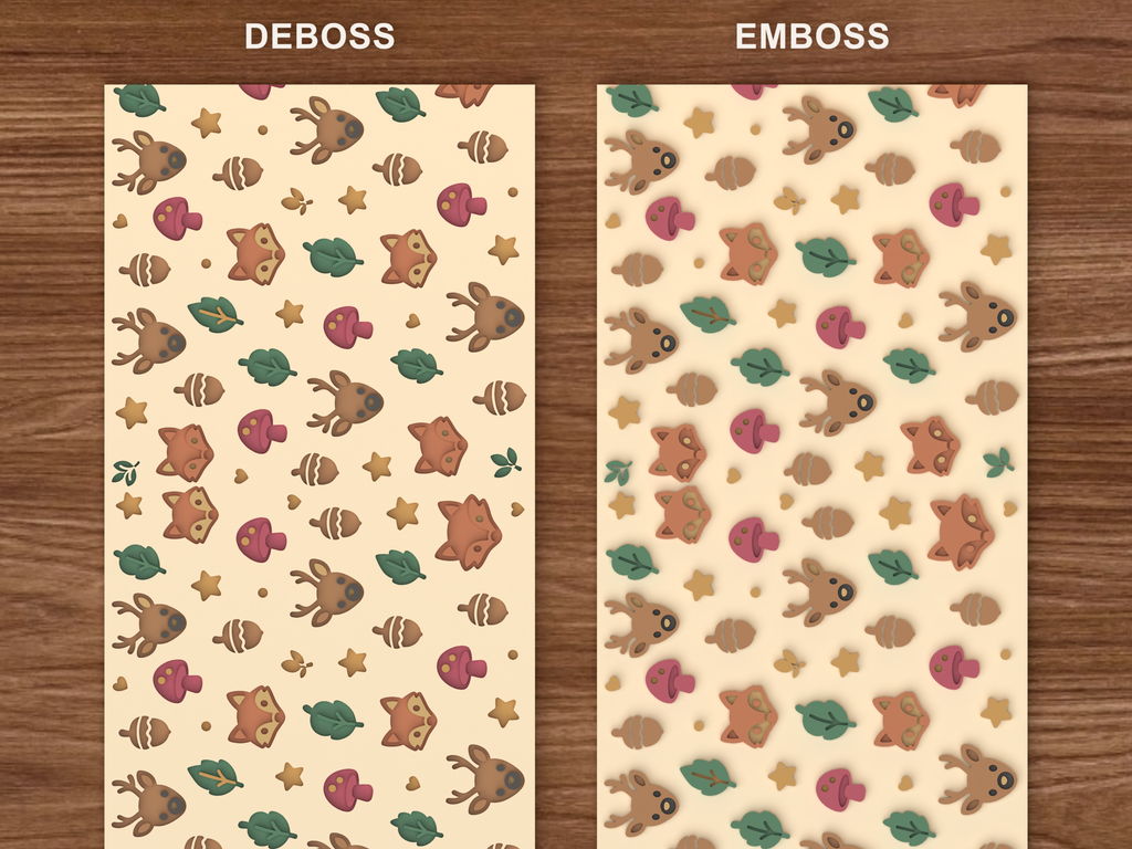 Woodland Forest Animals Textured Roller STL File - 06 emboss deboss comparison colored