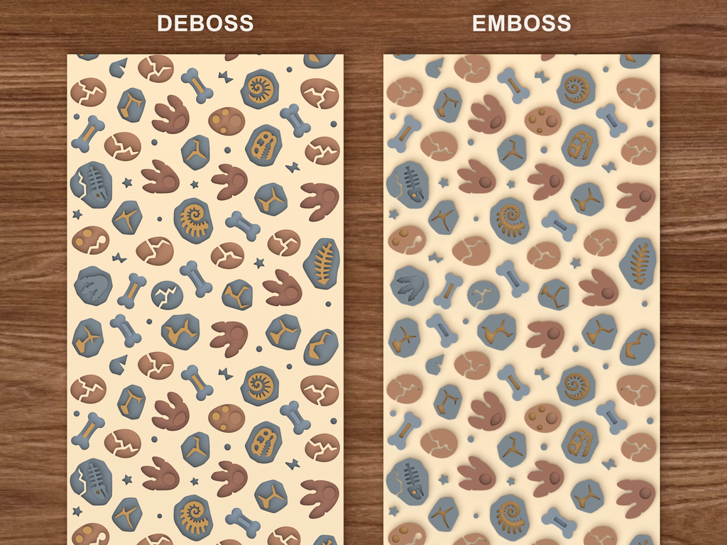 Dinosaur Fossil Textured Roller STL File - 06 emboss deboss comparison colored