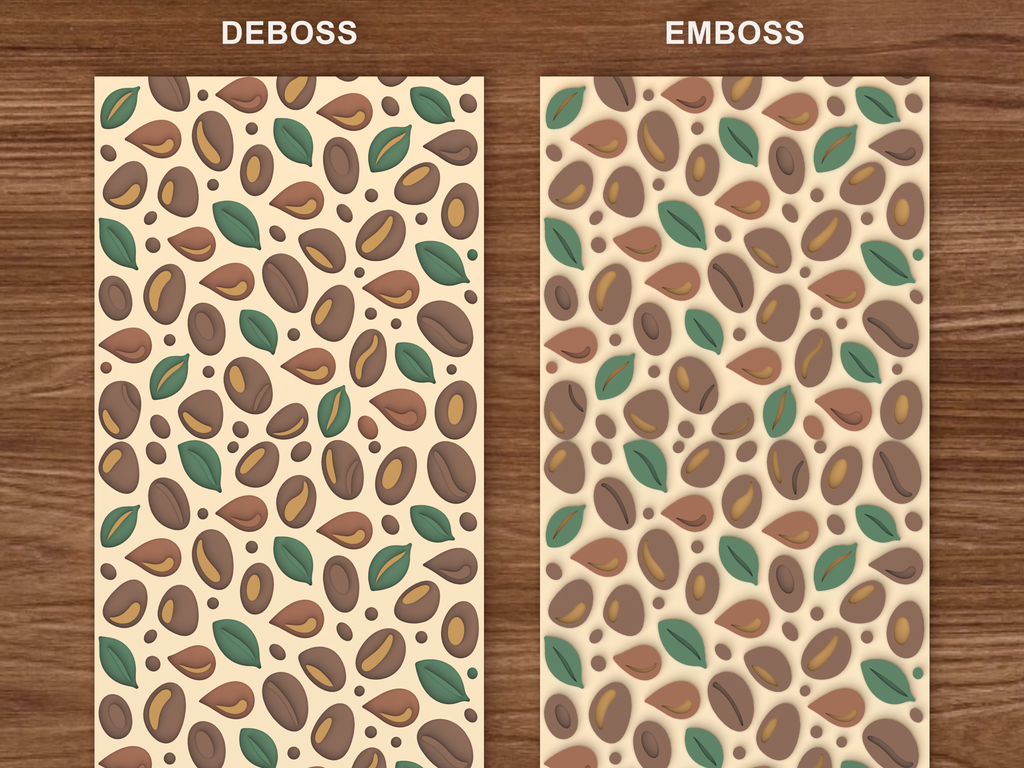 Coffee Bean Botanical Textured Roller STL File - 06 emboss deboss comparison colored