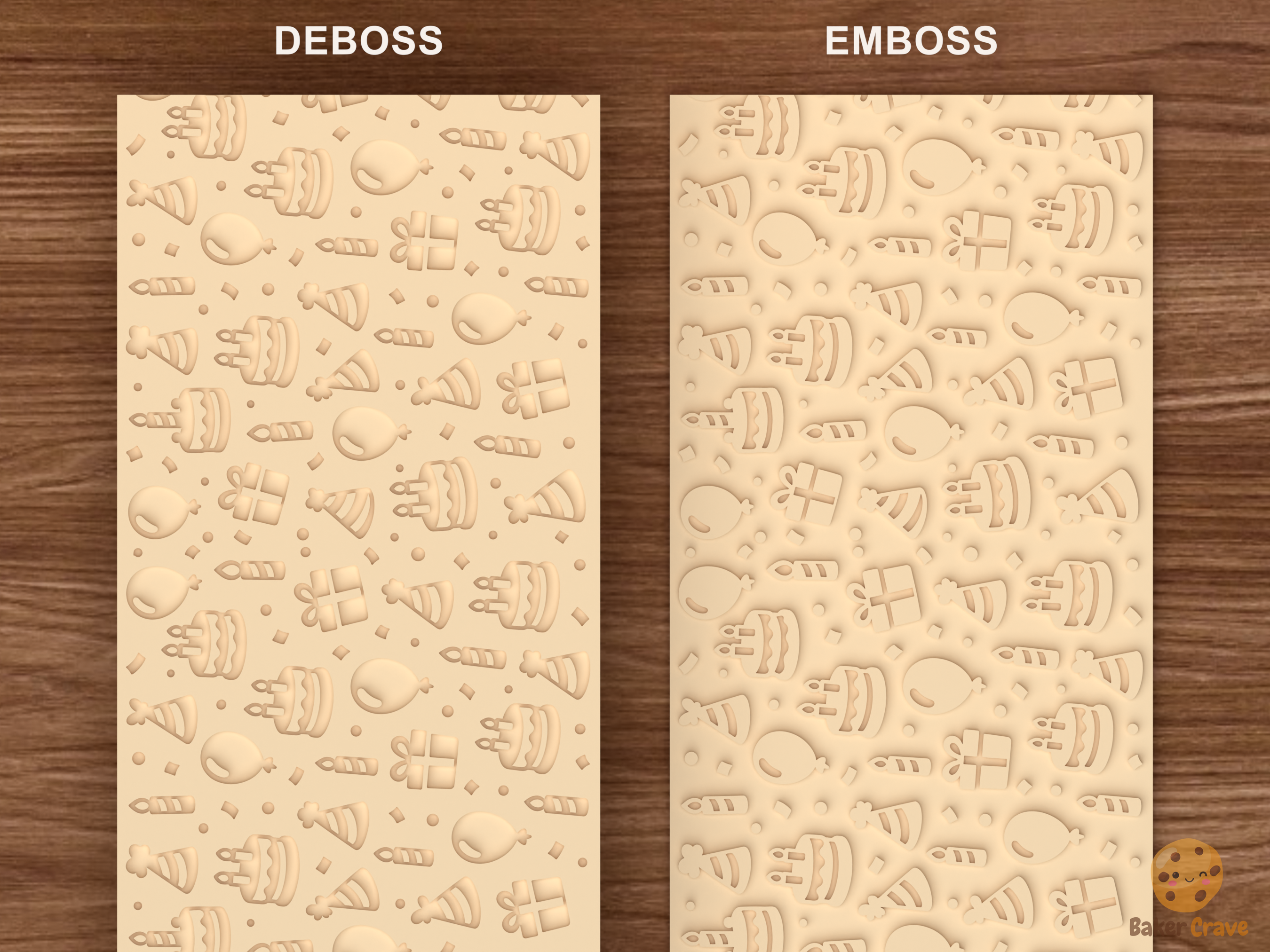 Birthday Party Celebration Textured Roller STL File - 06 emboss deboss comparison