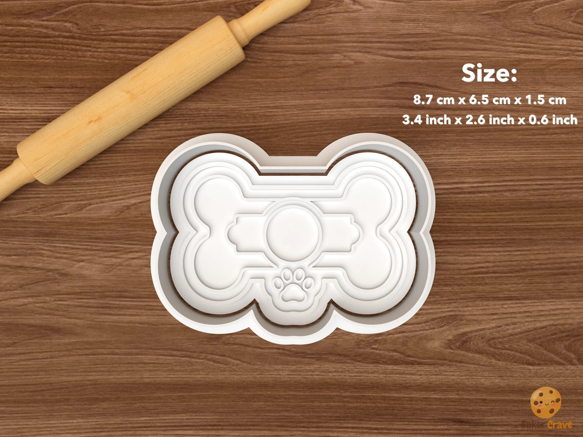 Dog Birthday Party Cookie Cutter Set STL File - single dog bone treat with round center tag and paw charm