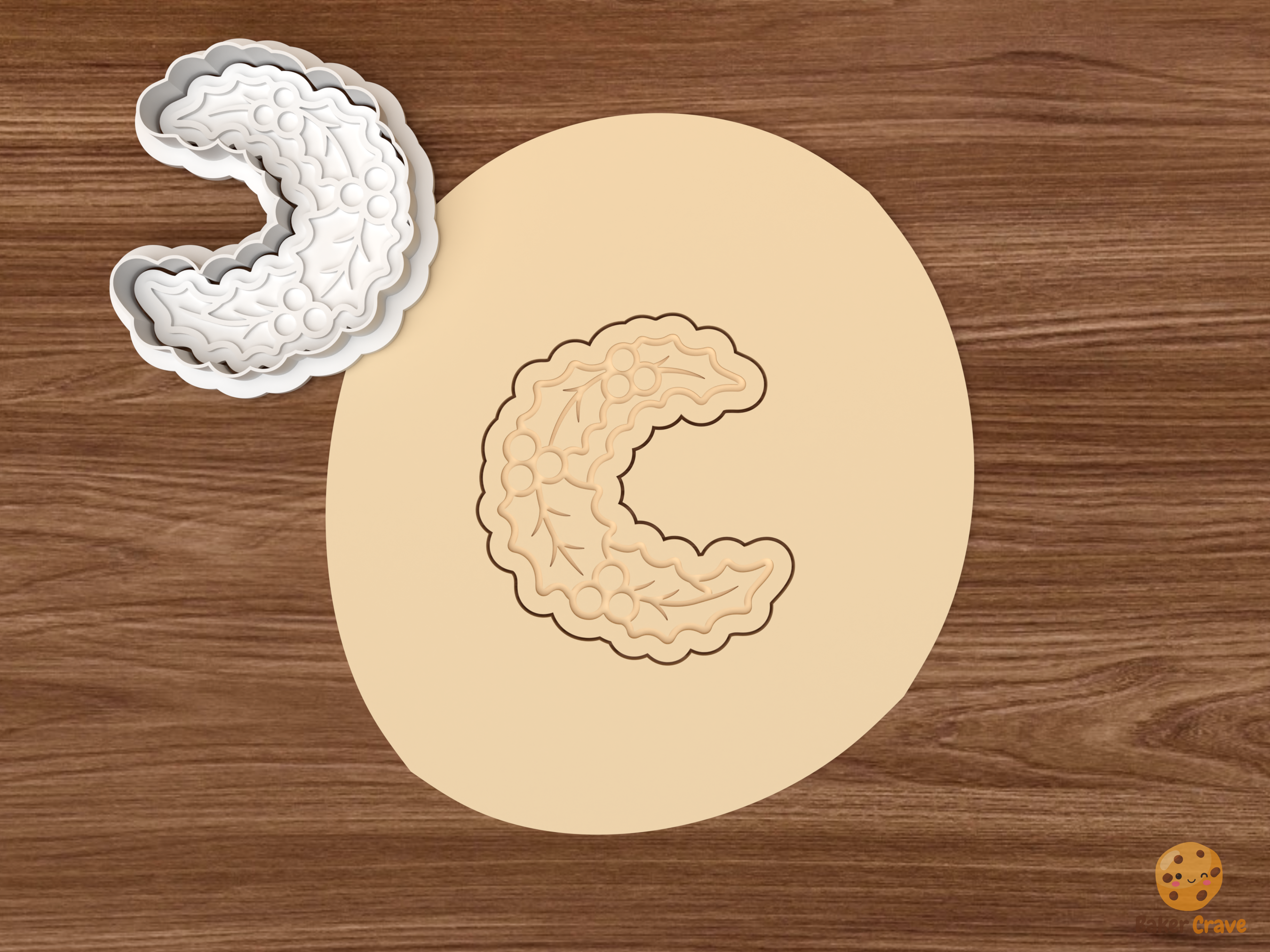 Christmas Holly Cookie Cutter Set STL File - dough holly crescent wreath