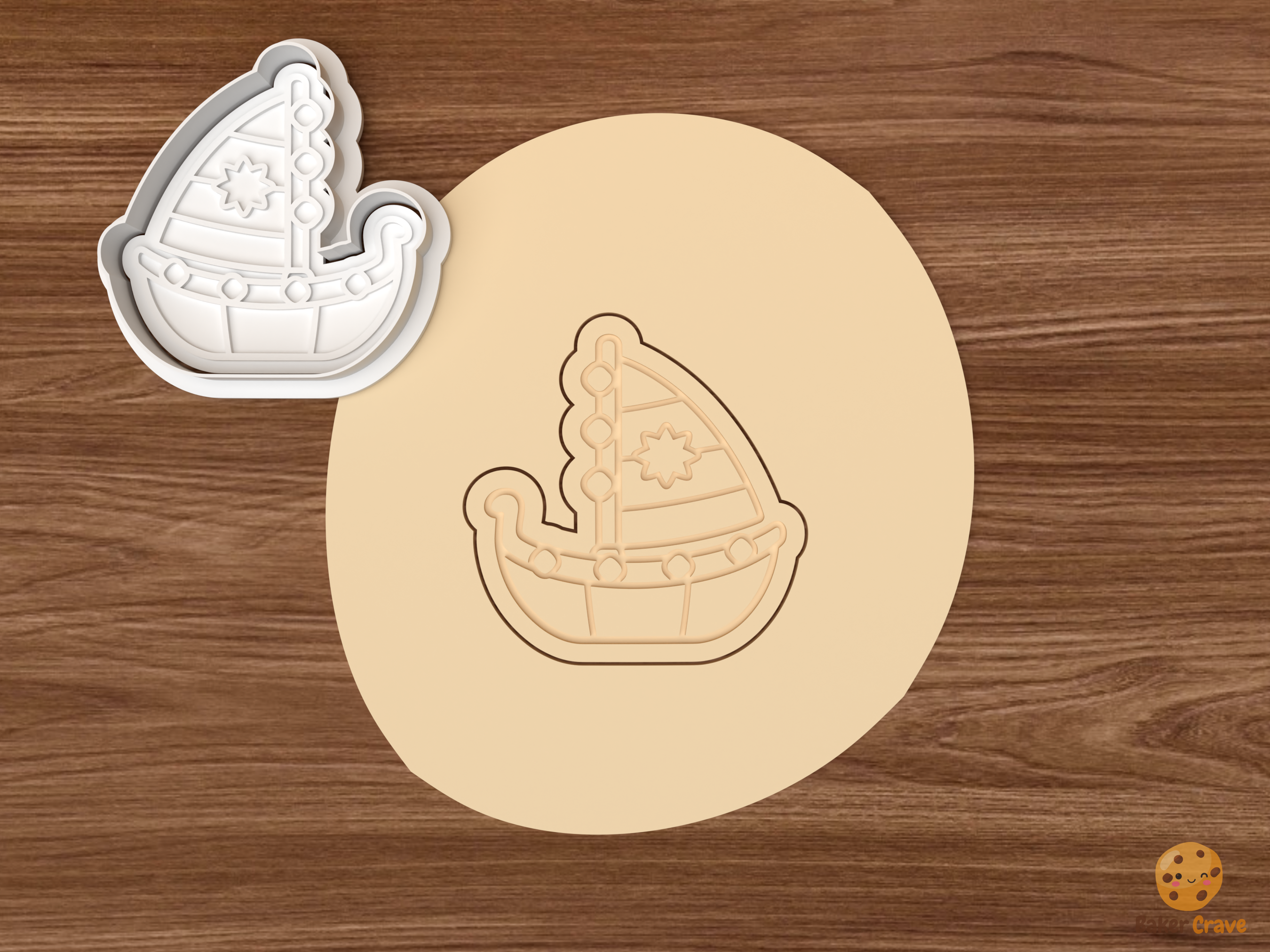 Greek Christmas Boat Cookie Cutter Set STL File - dough sailboat with string lights and star sail