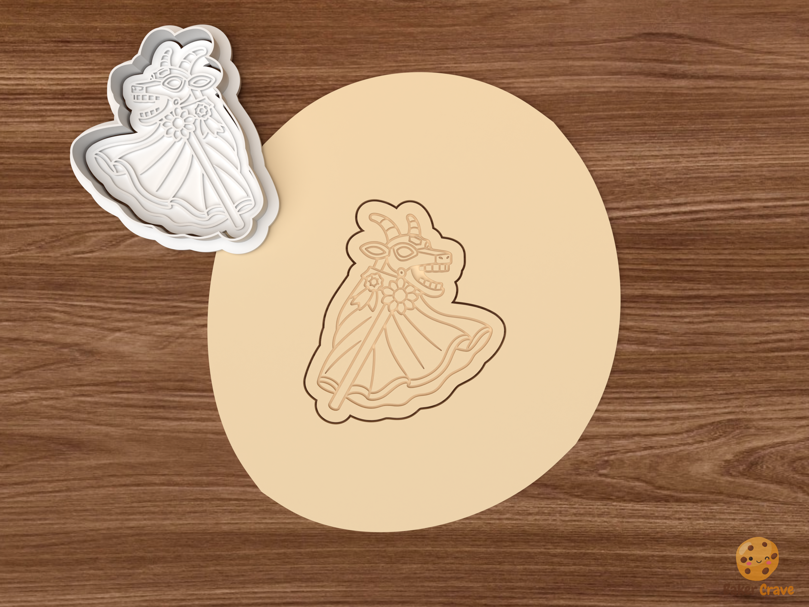 Romanian Goat Dance Christmas Cookie Cutter Set STL File - dough side profile dancing goat mask with flowing cape