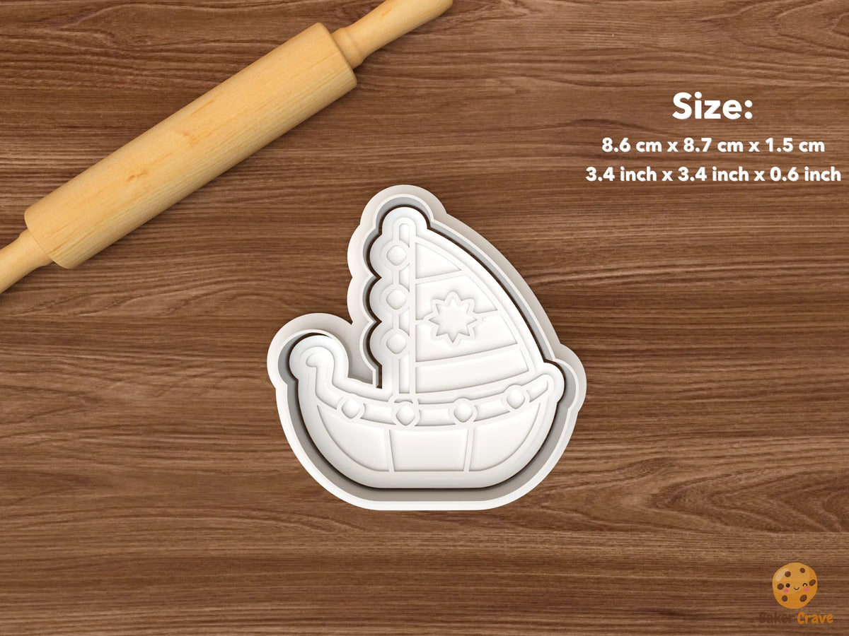 Greek Christmas Boat Cookie Cutter Set STL File - single sailboat with string lights and star sail