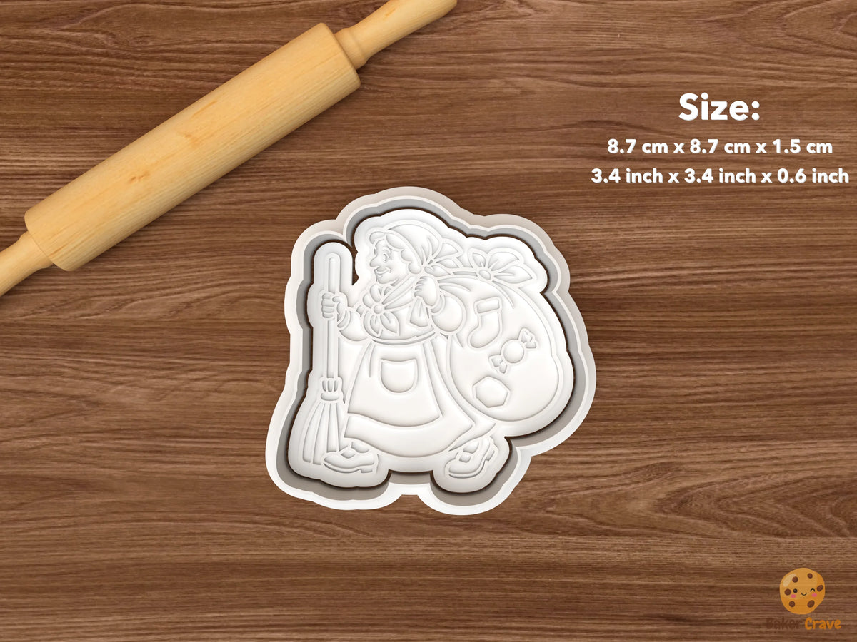 La Befana Christmas Cookie Cutter Set STL File - single standing la befana with broom and gift sack