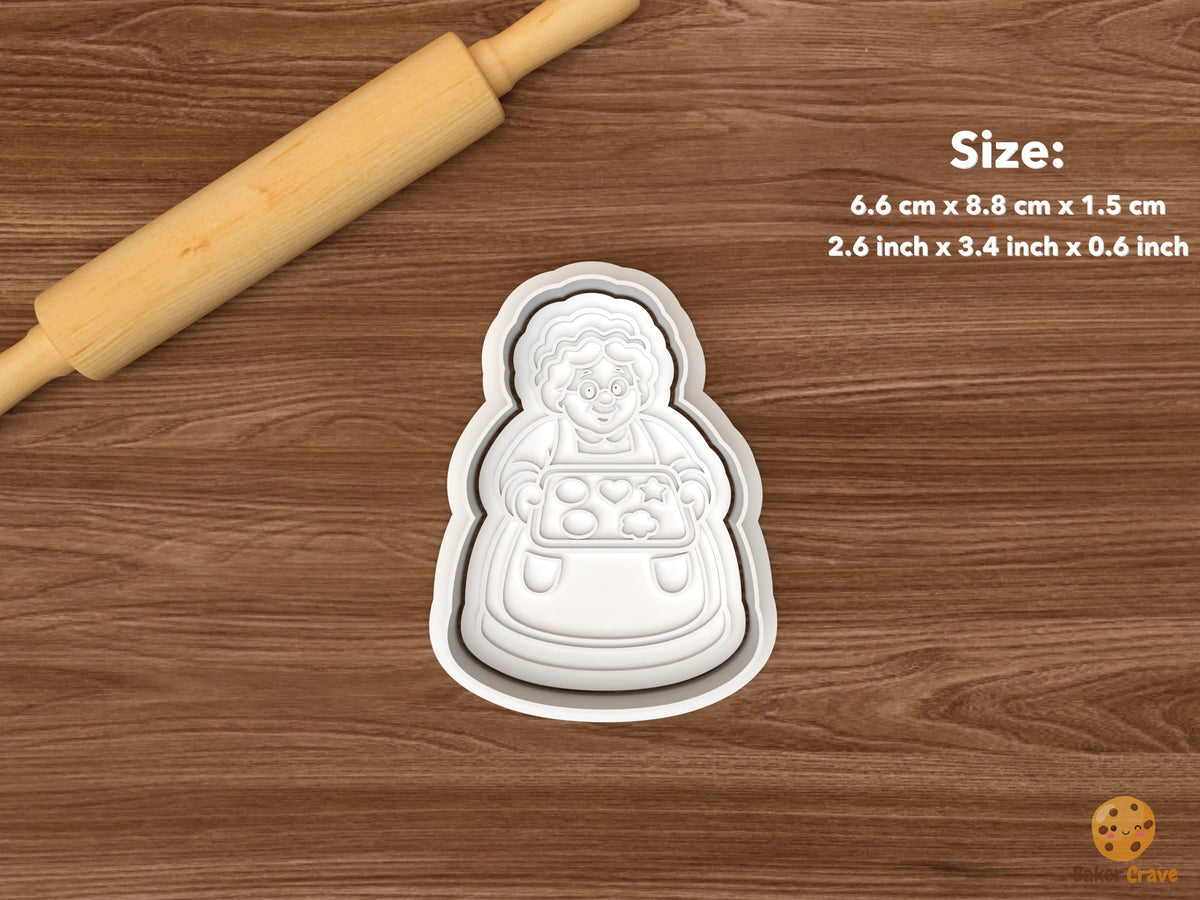 Mrs Claus Baking Day Cookie Cutter Set STL File - single mrs claus holding cookie tray