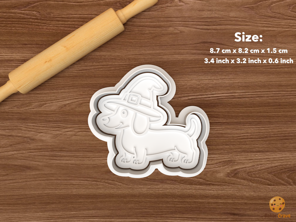 Halloween Dachshund Dog Cookie Cutter Set STL File - single dachshund with witch hat