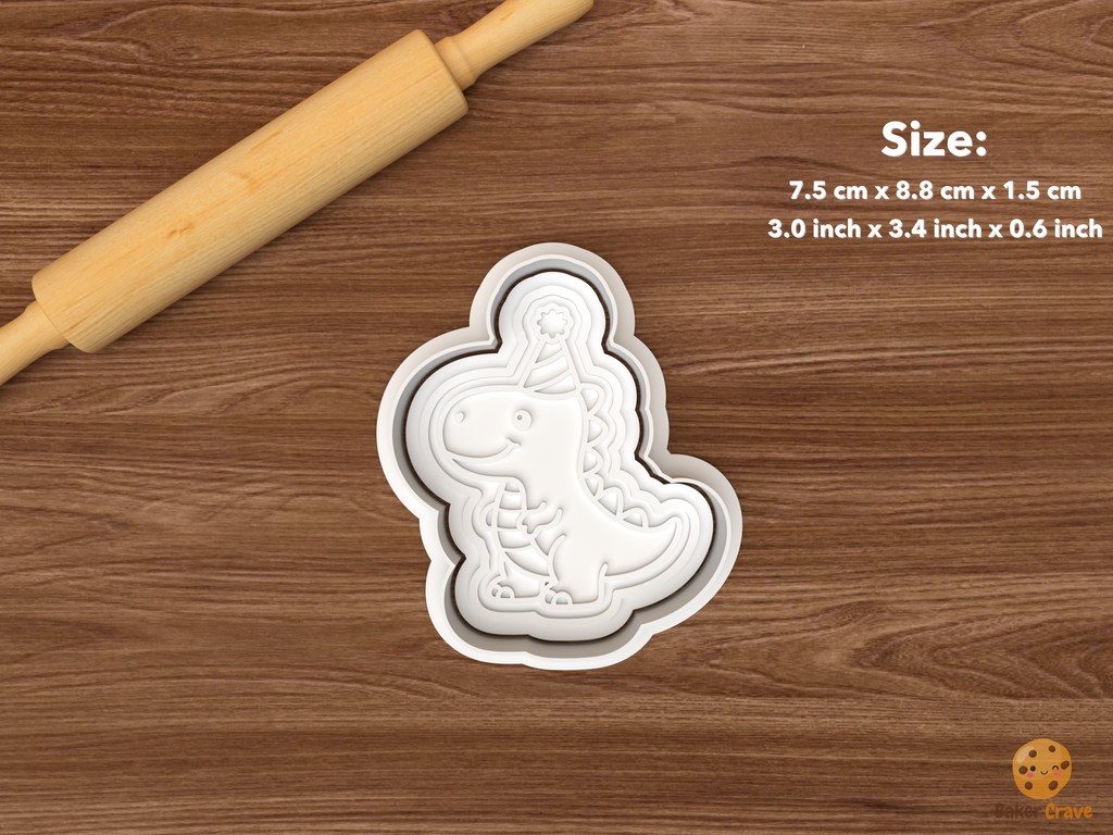 Dinosaur Birthday Cookie Cutter Set STL File - single dino with party hat