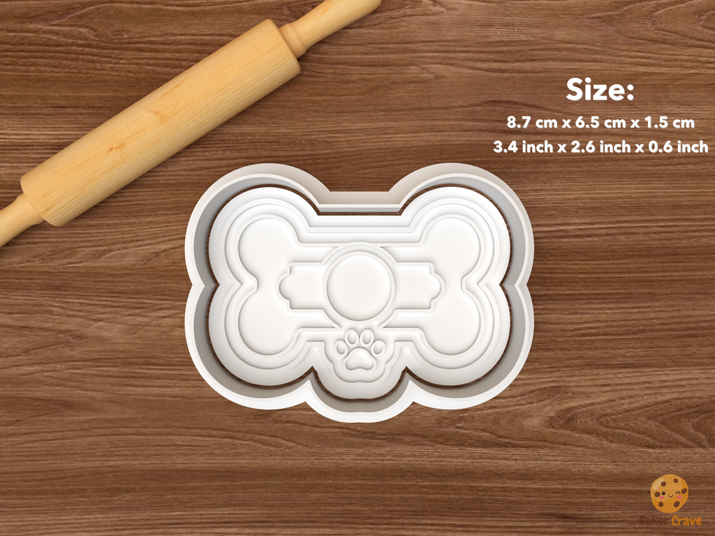 Dog Birthday Party Cookie Cutter Set STL File - single dog bone treat with round center tag and paw charm