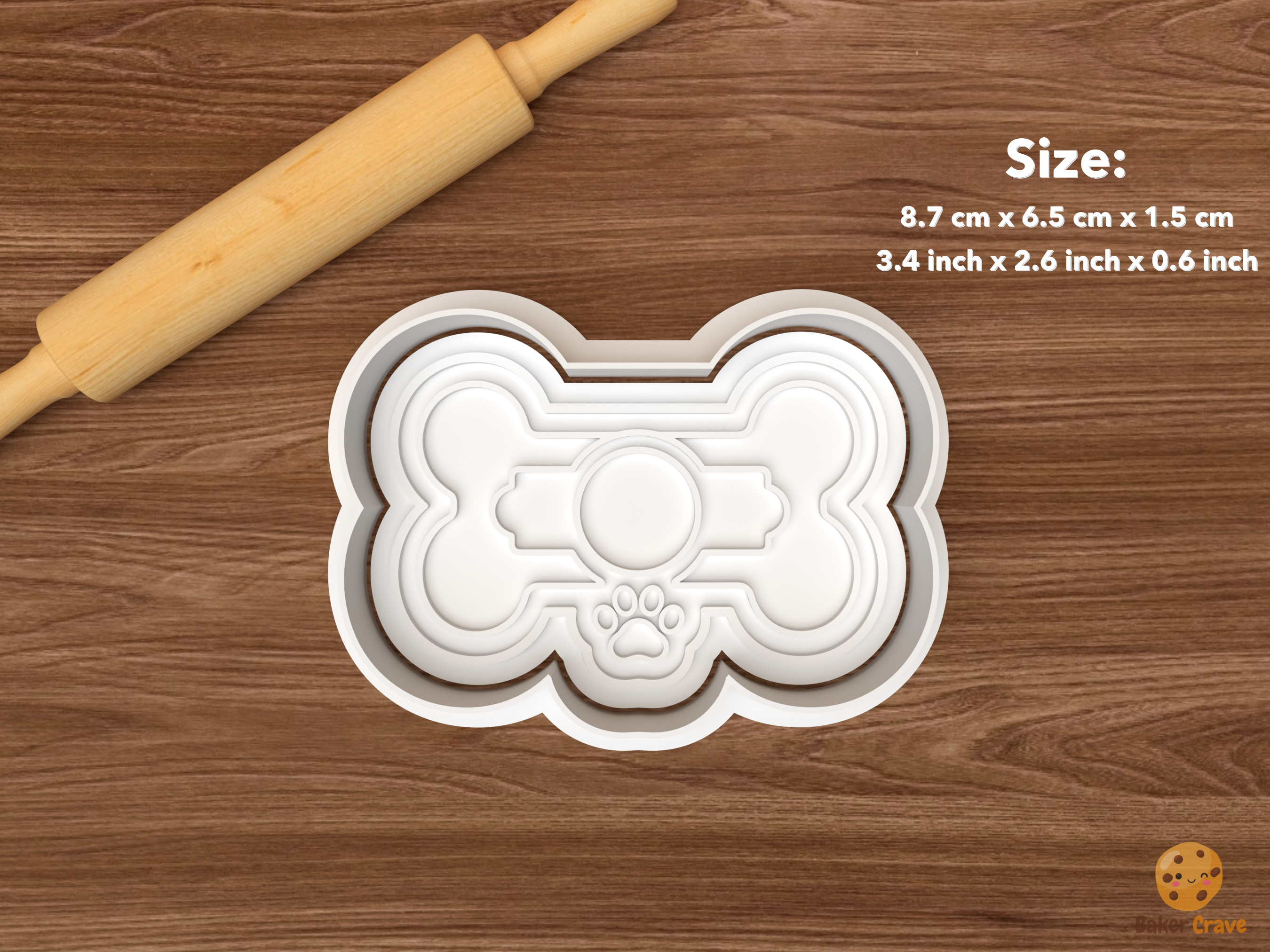 Dog Birthday Party Cookie Cutter Set STL File - single dog bone treat with round center tag and paw charm