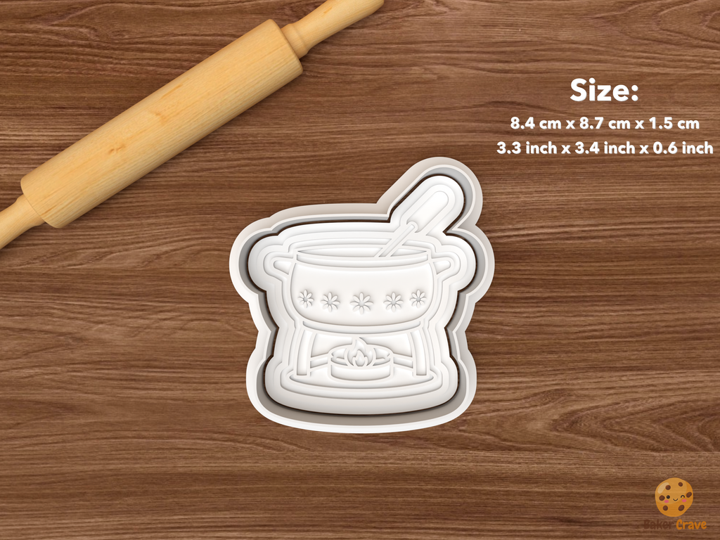 Swiss Alpine Cookie Cutter Set STL File - single fondue pot with fork and flame
