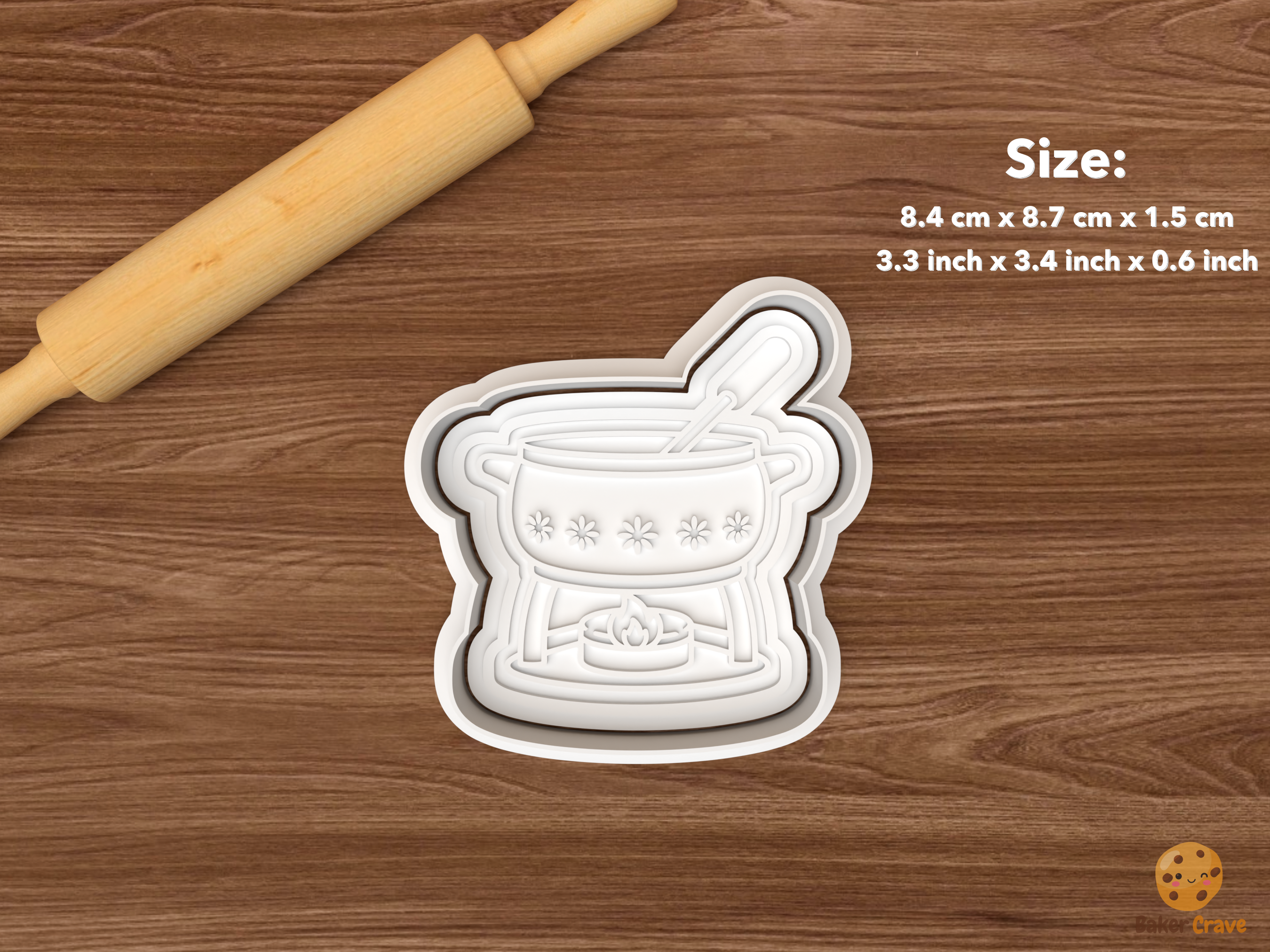 Swiss Alpine Cookie Cutter Set STL File - single fondue pot with fork and flame