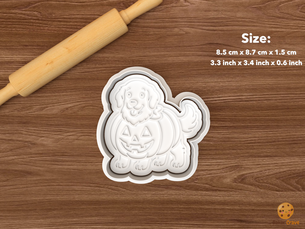 Halloween Golden Retriever Dog Cookie Cutter Set STL File - single golden retriever in pumpkin costume