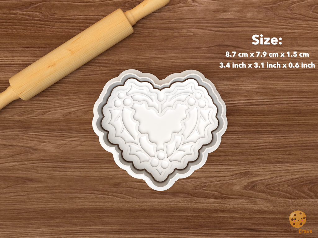 Christmas Holly Cookie Cutter Set STL File - single holly heart wreath