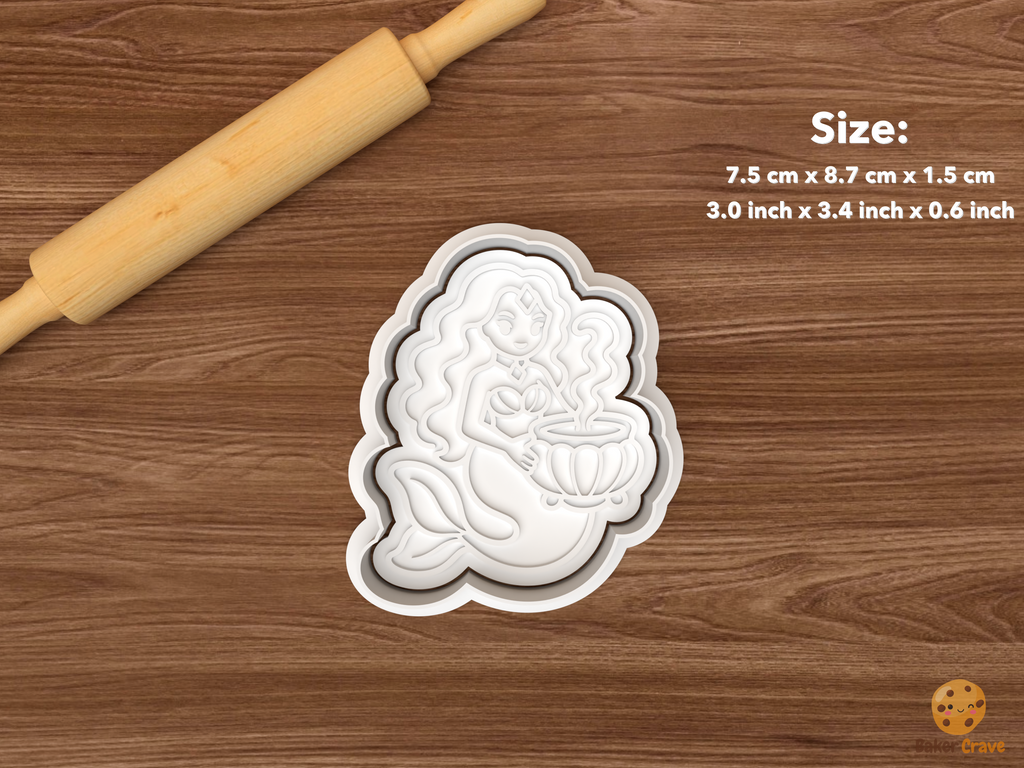 Halloween Sea Witch Mermaid Cookie Cutter Set STL File - single sea witch mermaid with cauldron