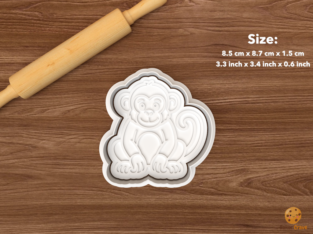 Monkey Cookie Cutter Set STL File - single sitting monkey with curled tail