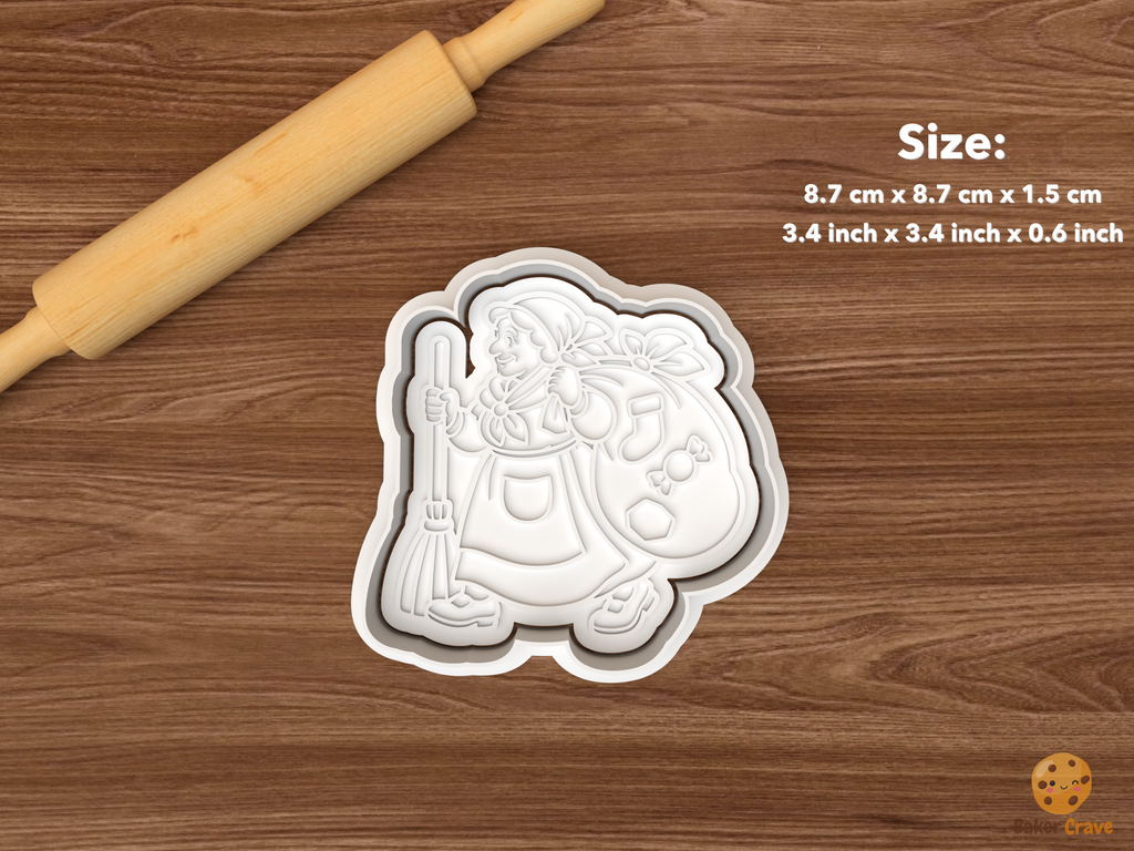 La Befana Christmas Cookie Cutter Set STL File - single standing la befana with broom and gift sack