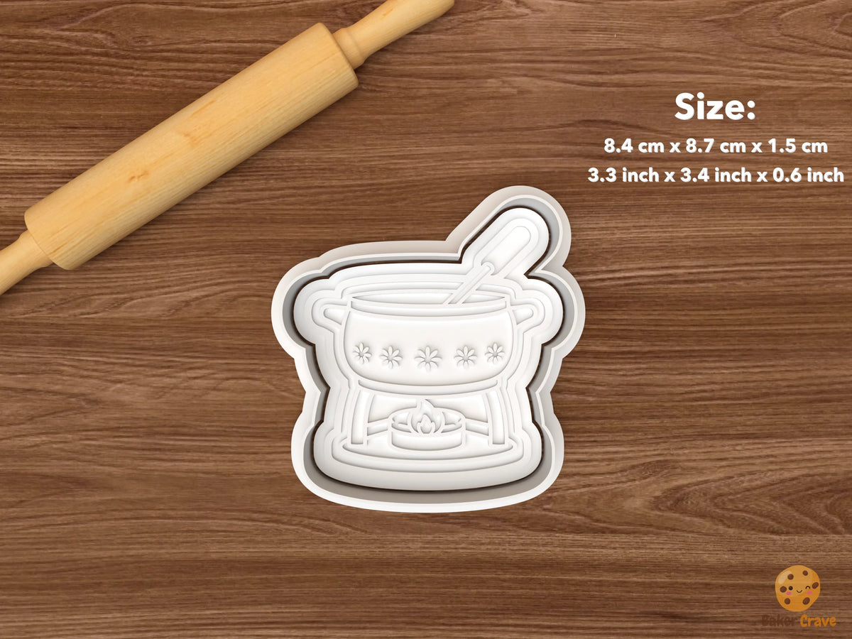 Swiss Alpine Cookie Cutter Set STL File - single fondue pot with fork and flame